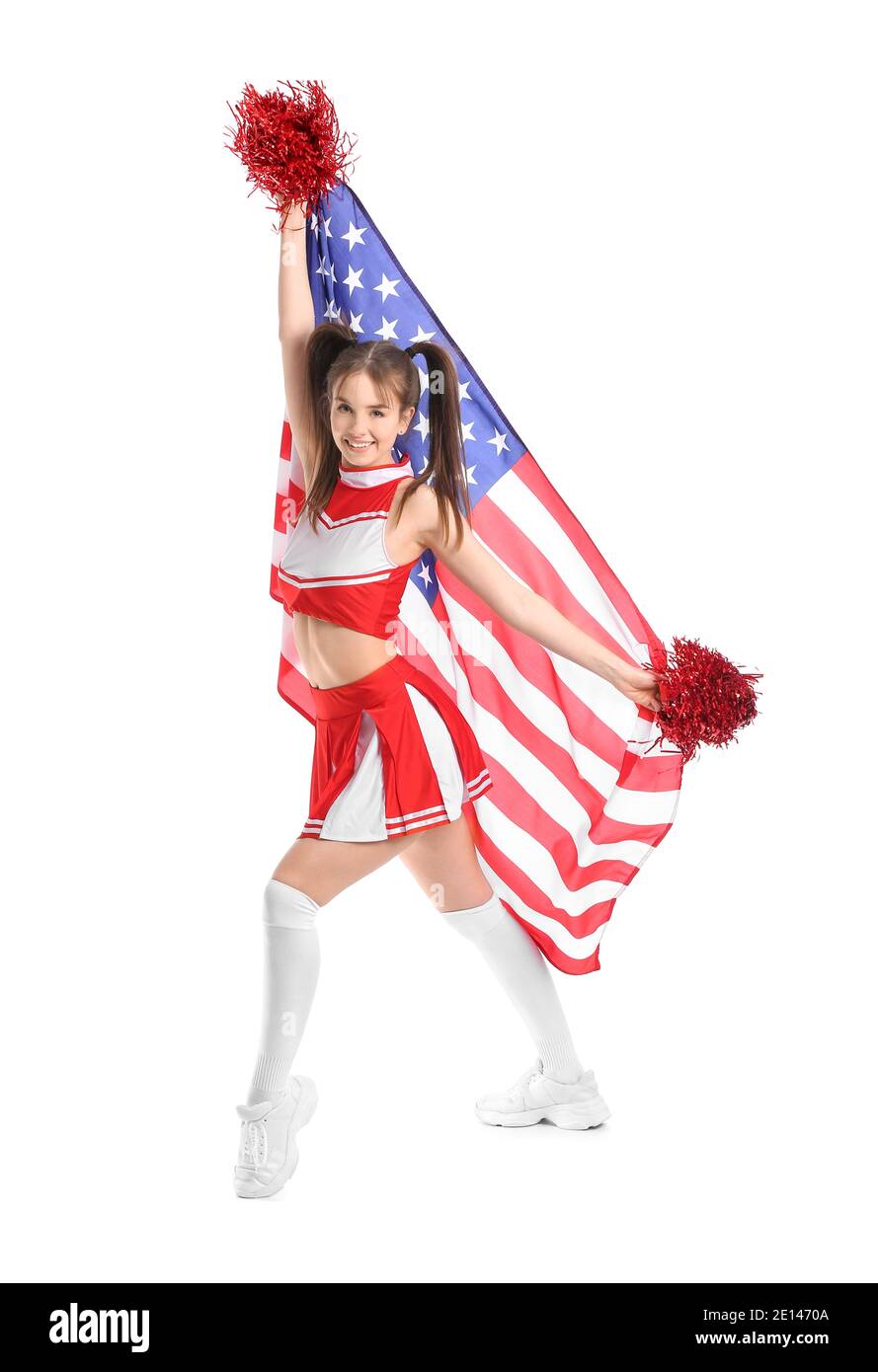 Beautiful young cheerleader with USA flag on white background Stock ...