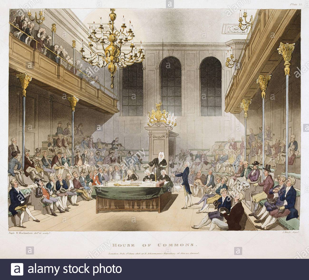 Interior of the House of Commons, London England, vintage colour illustration from 1808 Stock Photo