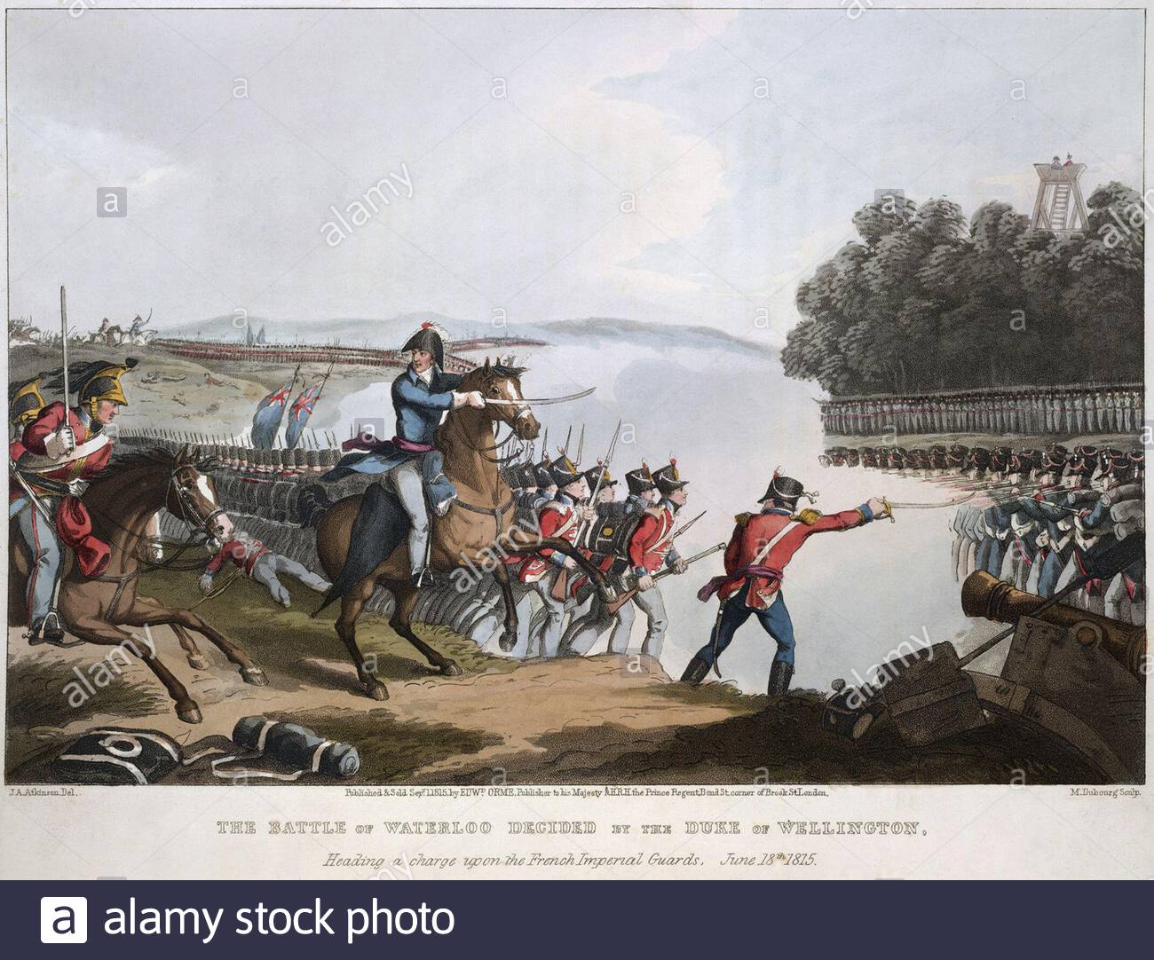 Duke of Wellington and the Battle of Waterloo, June 18th 1815, vintage colour illustration published in 1819. Stock Photo