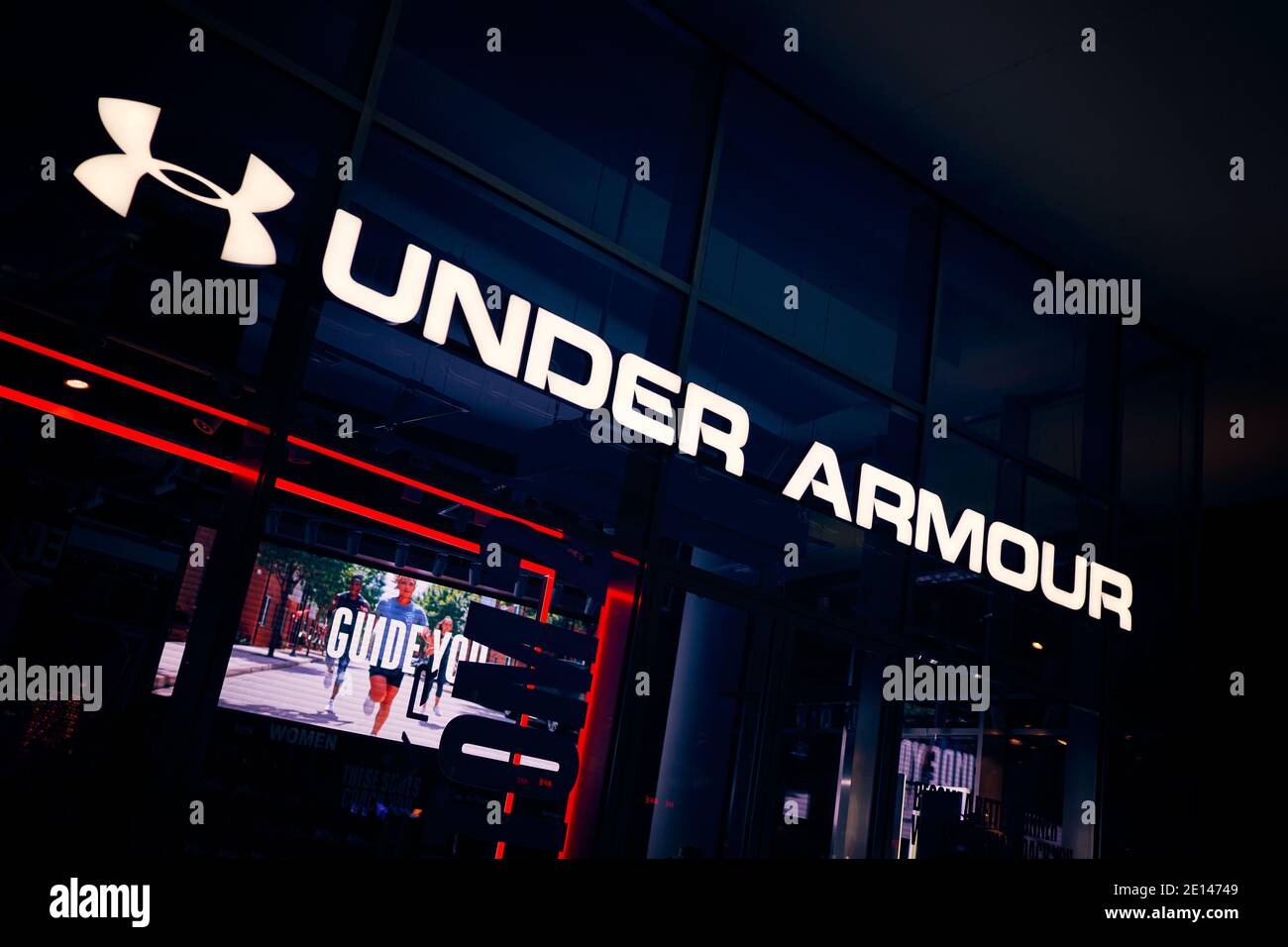 Milan, Italy - 17.12.2020. Under Armour logo signboard of the store. Under  Armour is an American sports equipment company that manufactures footwear  Stock Photo - Alamy