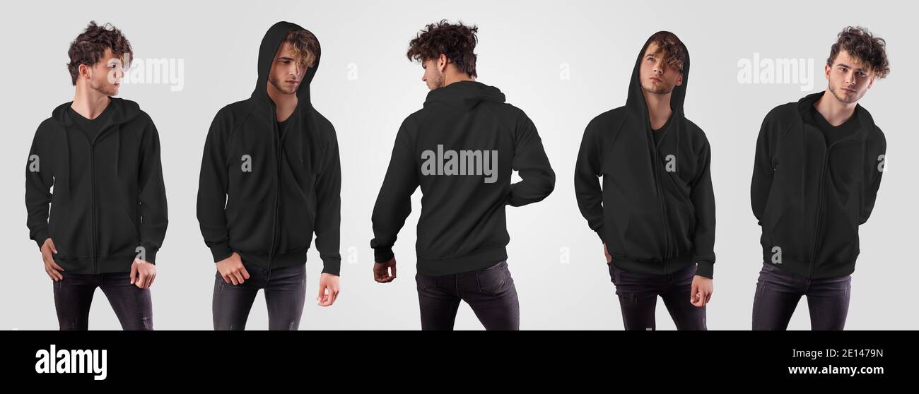 Mockup of black hoodie with pocket, zip fastener on posing guy in jeans, isolated on background. Men's sweatshirt template for design presentation, ad Stock Photo