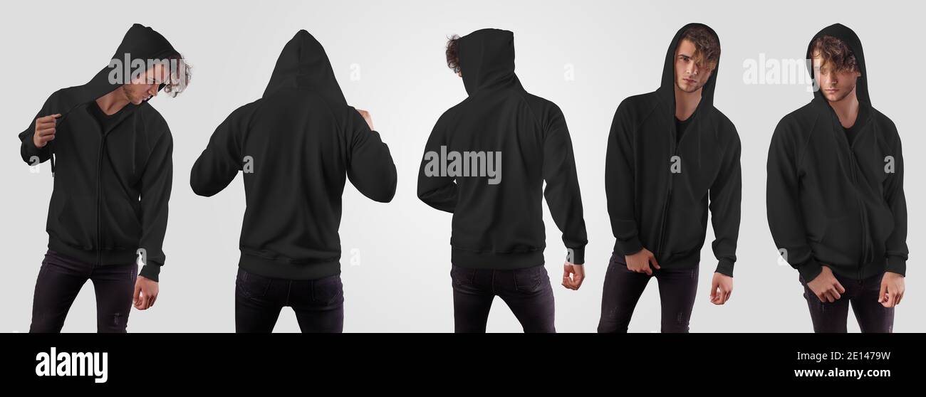Download Black Hoodie Template With Zipper Closure Pocket On A Guy In A Hood Front Back For Design Presentation Print Mockup Of Mens Sweatshirt Isolated Stock Photo Alamy