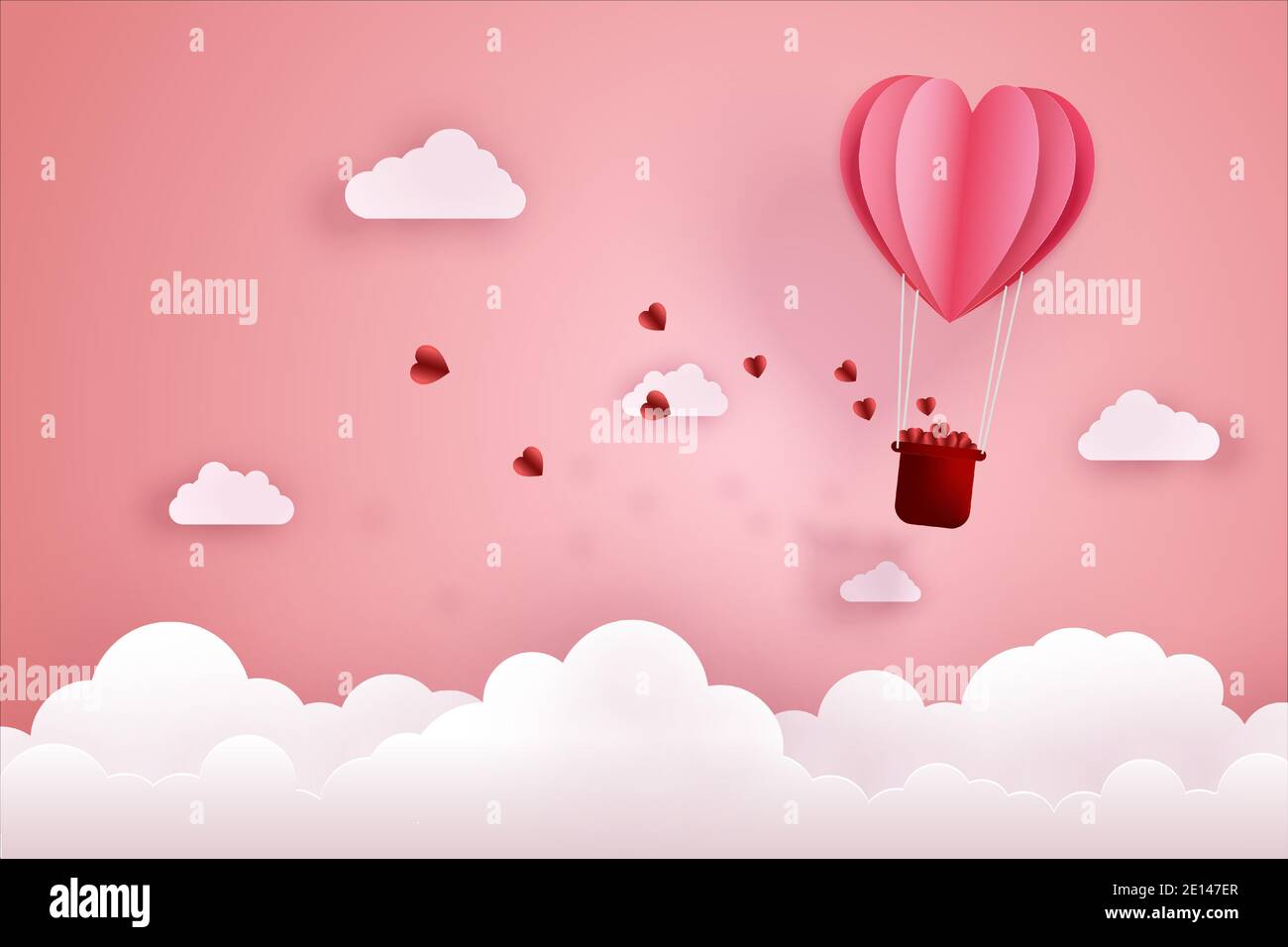 Paper cut art and digital craft style of love and valentine concept. Origami of hot air balloon flying over sky and cloud with floating hearts. Stock Vector