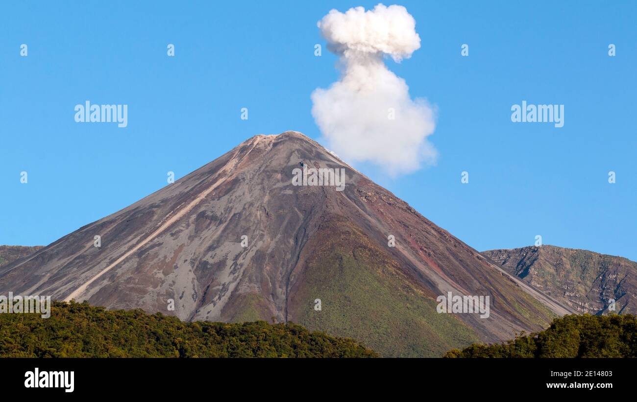 Reventador Volcano erupting at dawn, August 2016. The mountain is situated in a remote part of the Ecuadorian Amazon surrounded by rainforest. Stock Photo