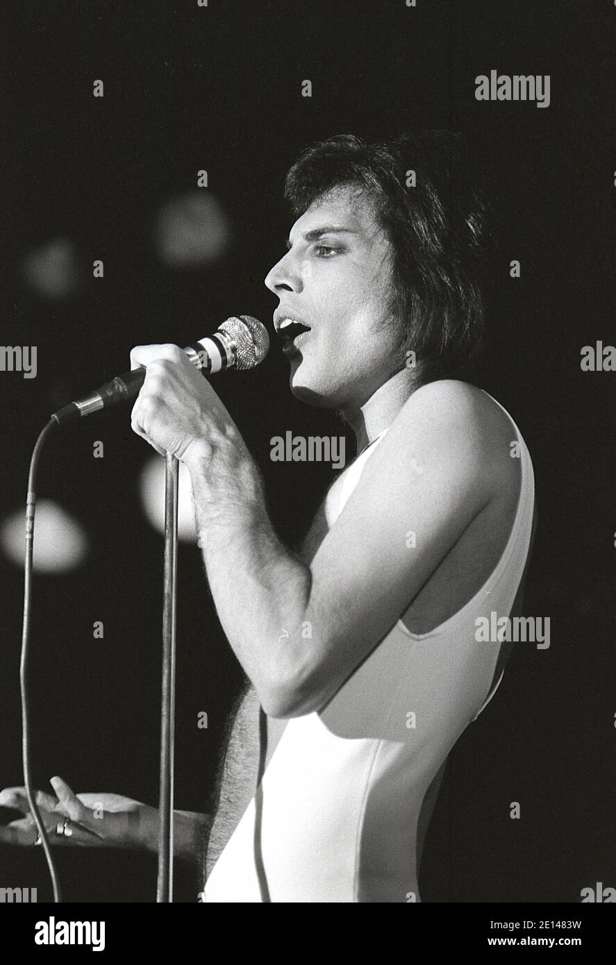 Freddie Mecury of Queen Live in Hyde Park London 18/9/1976. Free concert with 150,000 fans in the Park. Stock Photo