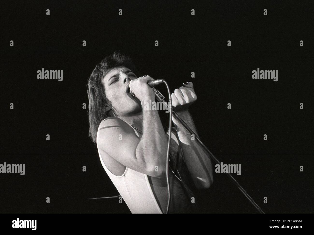 Freddie Mecury of Queen Live in Hyde Park London 18/9/1976. Free concert with 150,000 fans in the Park. Stock Photo