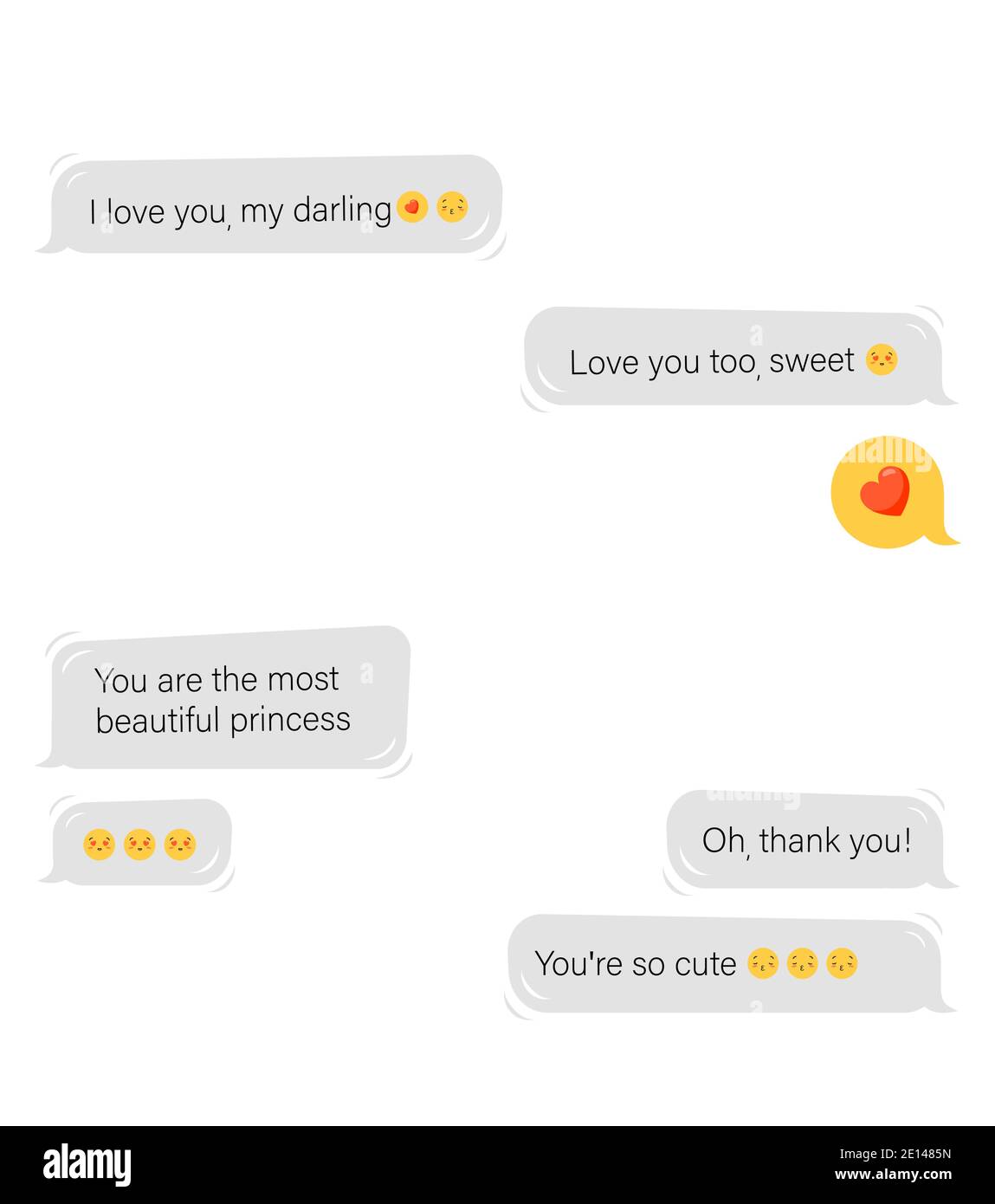 Love correspondence in online messenger. Chatting between close users with compliments with emoticons. Stock Vector
