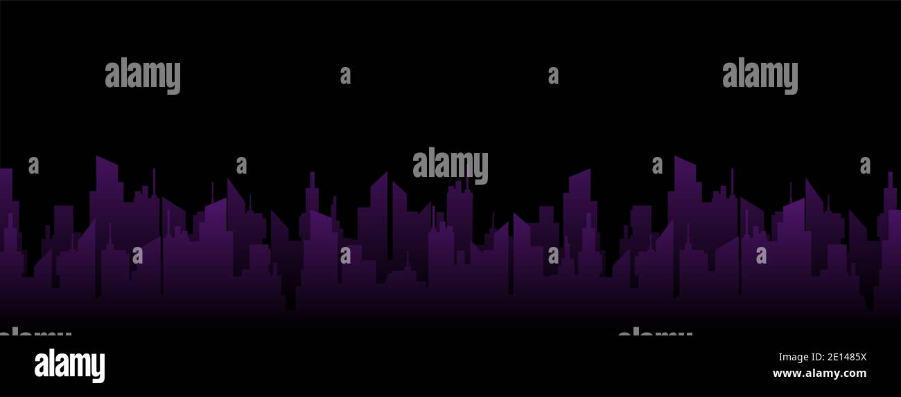 Urban purple night landscape. Dark silhouettes of abstract skyscrapers metropolis. Stock Vector