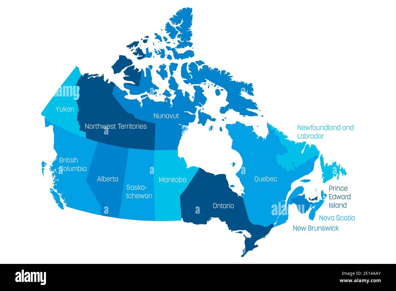 Map of Canada divided into 10 provinces and 3 territories. Administrative regions of Canada with labels. Vector illustration. Stock Vector