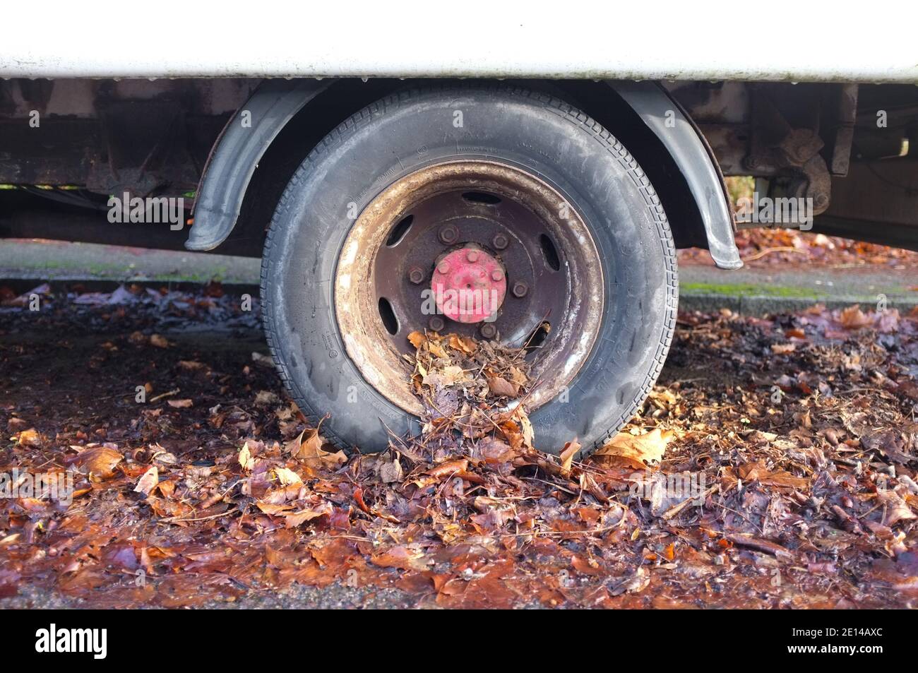 An idle van which has not moved for so long the fallen leaves have surrounded it. 2020 Stock Photo