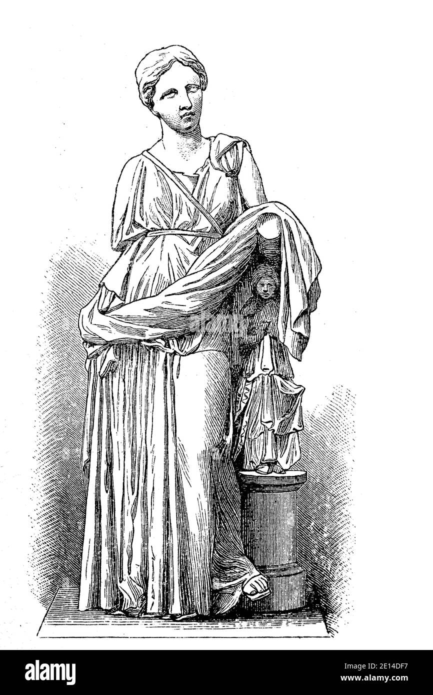 Marble statue of a Roman woman, found in Larnaka, Cyprus, illustration from 1880  /  Marmorbildsäule einer römischen Frau, gefunden in Larnaka, Zypern, Illustration aus 1880, Historisch, historical, digital improved reproduction of an original from the 19th century / digitale Reproduktion einer Originalvorlage aus dem 19. Jahrhundert, Stock Photo