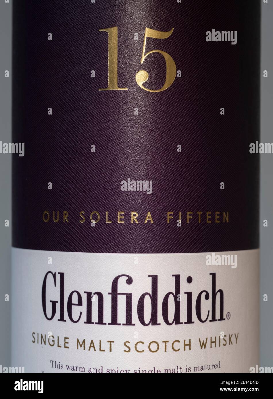 Glenfiddich 15 year old Solera single malt Scotch Whisky outer carton box closeup Stock Photo