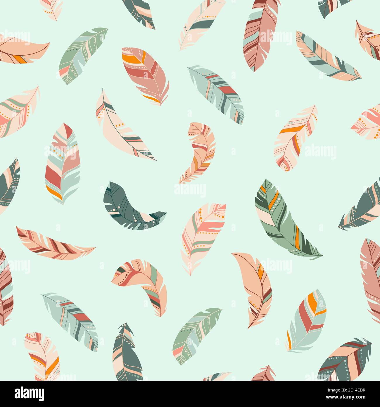 Bright colorful feathers seamless pattern. Ethnic boho texture in pastel colors. Light background. Vector illustration. Great for textile, print Stock Vector