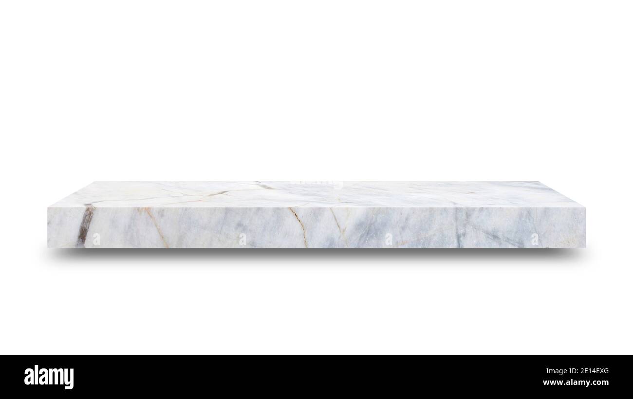 Shelf marble isolated on a white background and display montage for the product Embed Clipping Path separate with black shadows. Stock Photo