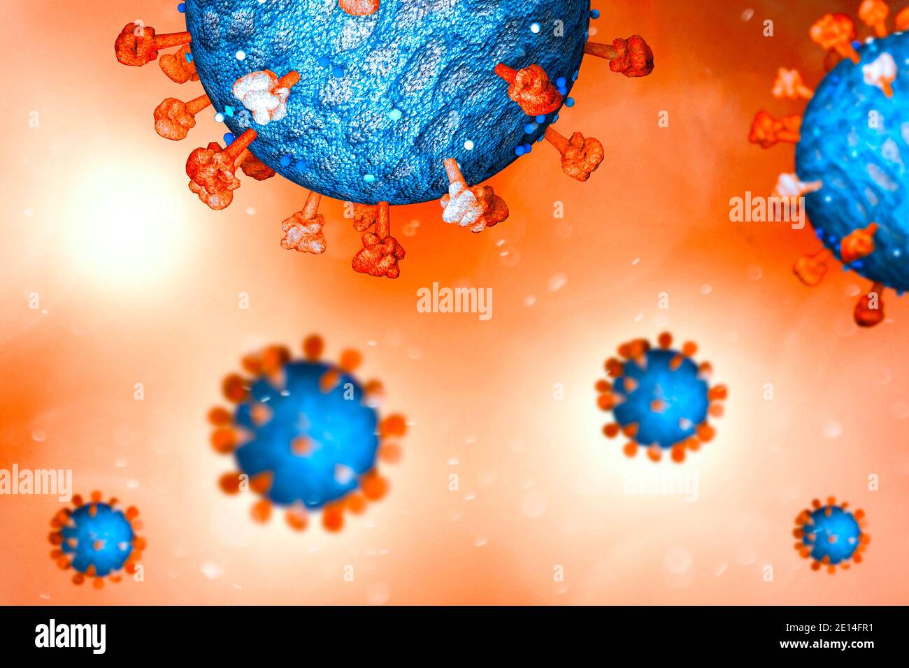 Coronavirus. Microscopic view of covid-19. How SARS-Cov-2 is made. Scientific analyzes and studies. Vaccines, how they act on the virus. 3d render Stock Photo