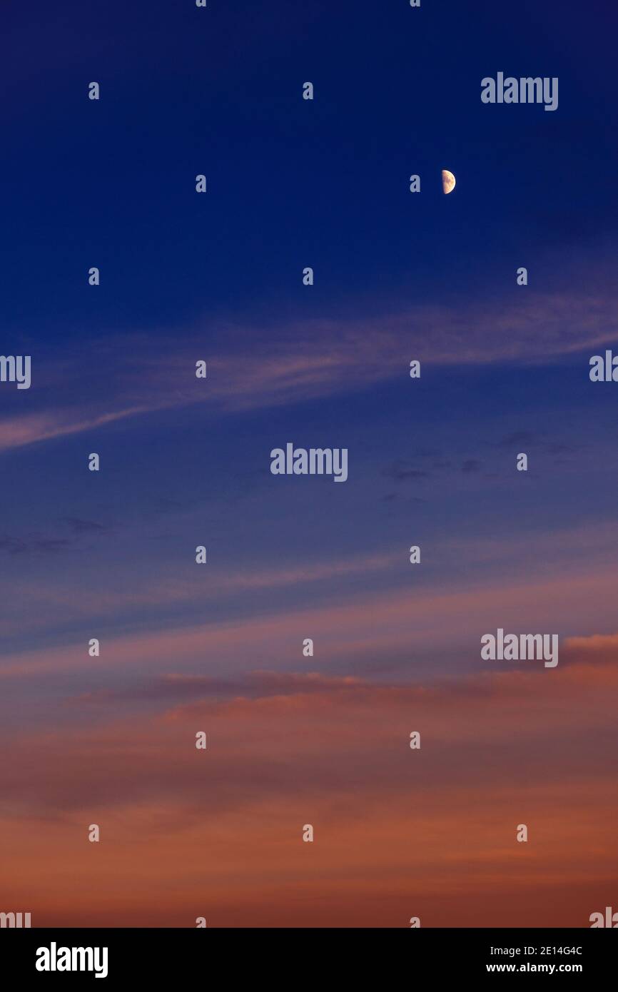 Half moon rising against deep blue sky and warm clouds as the sun sets ...