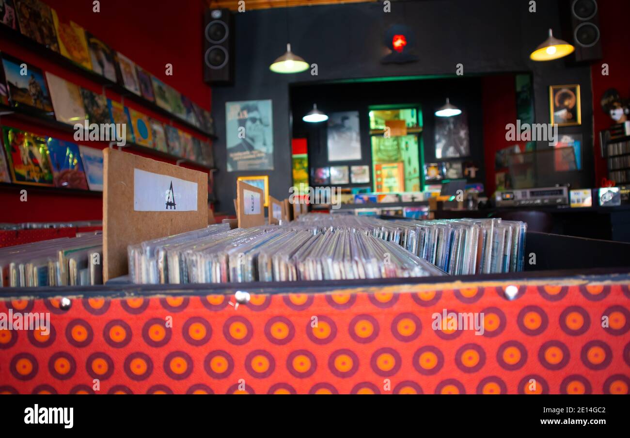 Observatory - Cape Town, South Africa - 02/12/2020 Revolution Records in Observatory. Neatly arranged and categorized Vinyl's. Stock Photo
