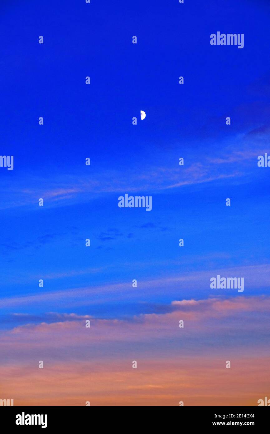 Half moon rising against deep blue sky and warm clouds as the sun sets ...