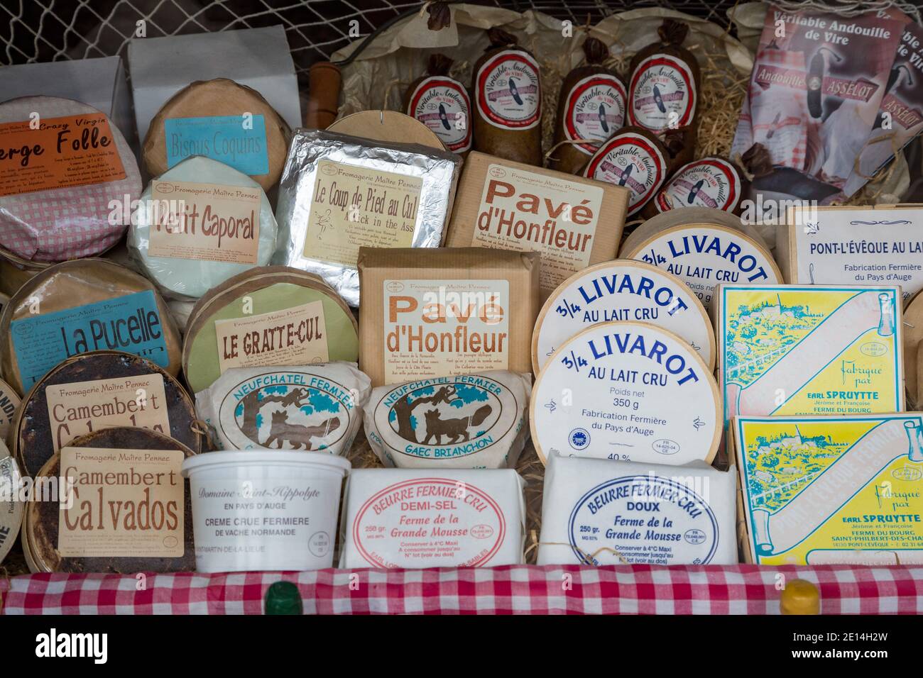 Honfleur Normandy May 4th 2013 : A selection of cheeses in an Honfleur delicatessan Stock Photo