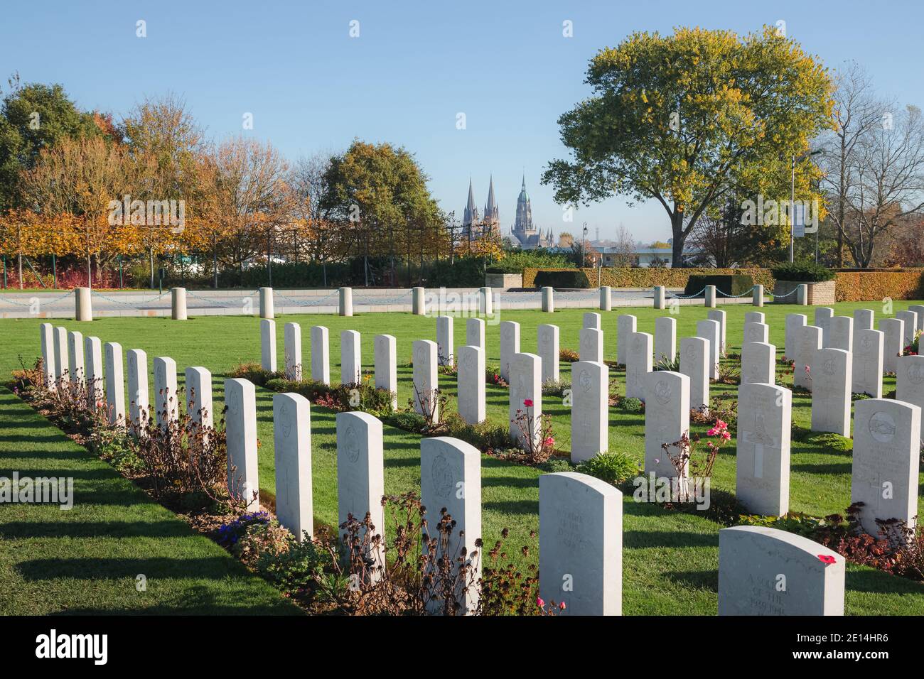 The Bayeux War Cemetery is the largest Second World War cemetery of Commonwealth soldiers in France. Stock Photo