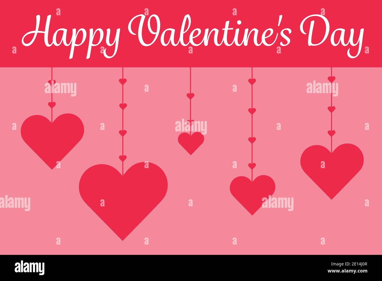 Happy Valentines Day greeting card, big red hearts on threads with a ...