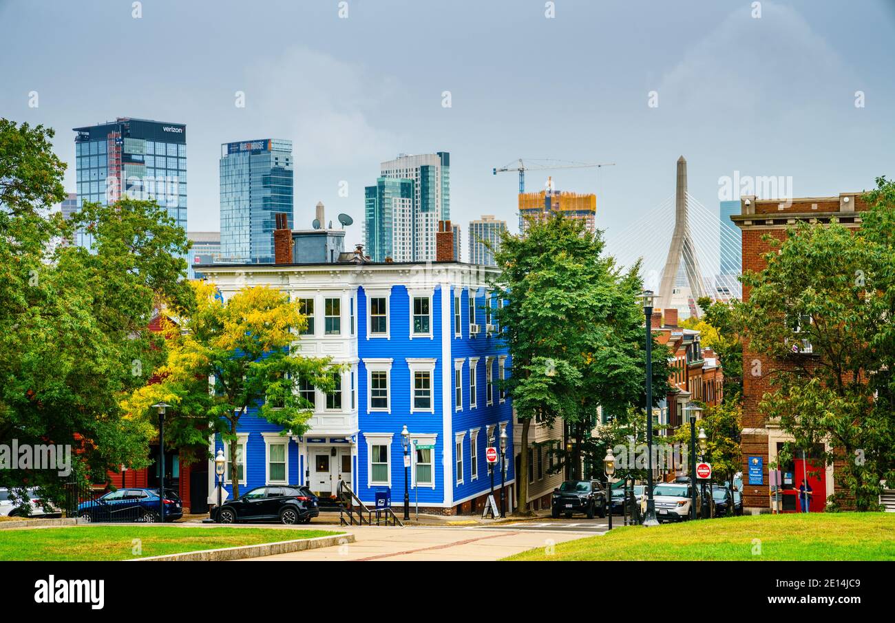 Bunker Hill and modern buildings in Boston downtown in the backdrop Stock Photo