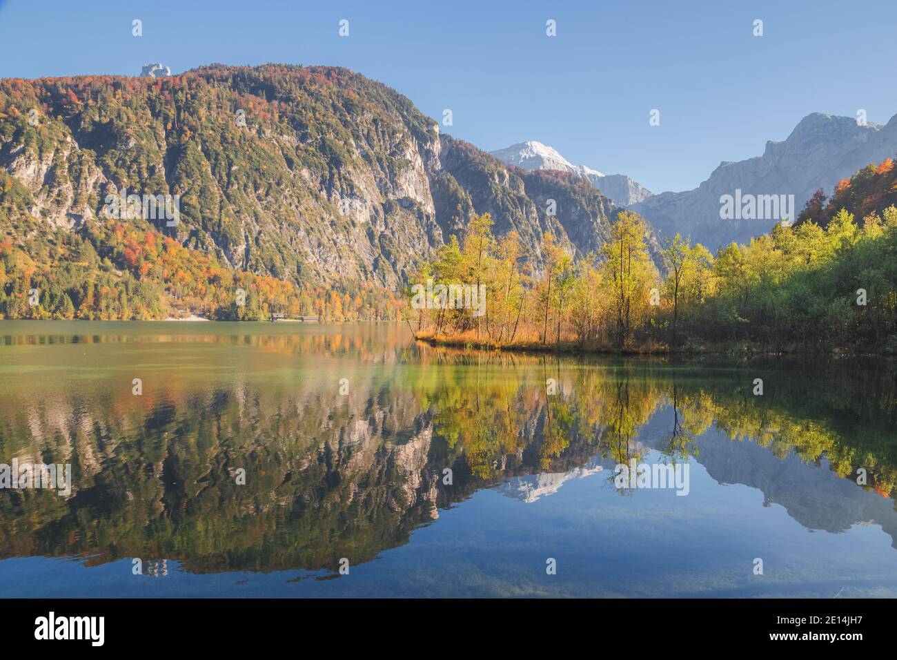 A clear autumn day at Lake Almsee in Upper Austria's part of the ...