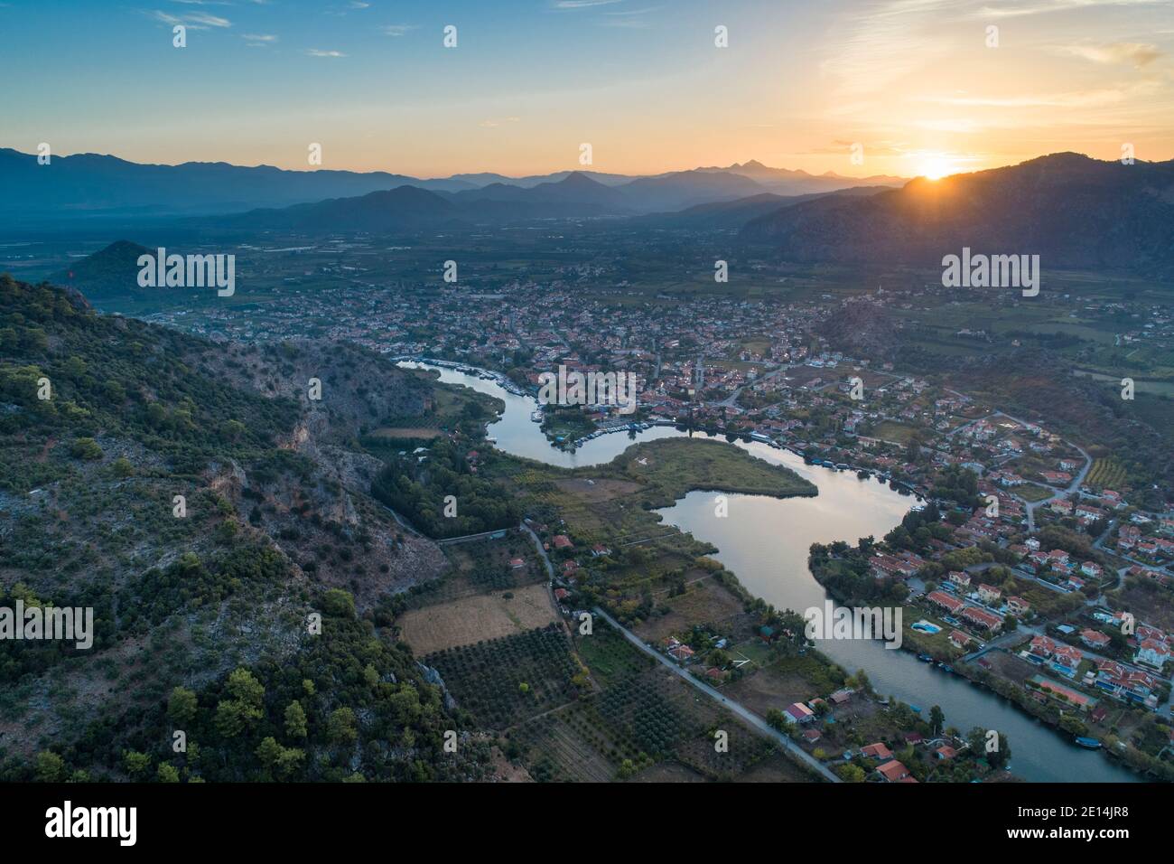 Aerial view of sunrise over the town of Dalyan and and Dalyan river, Muğla province, Turkey Stock Photo