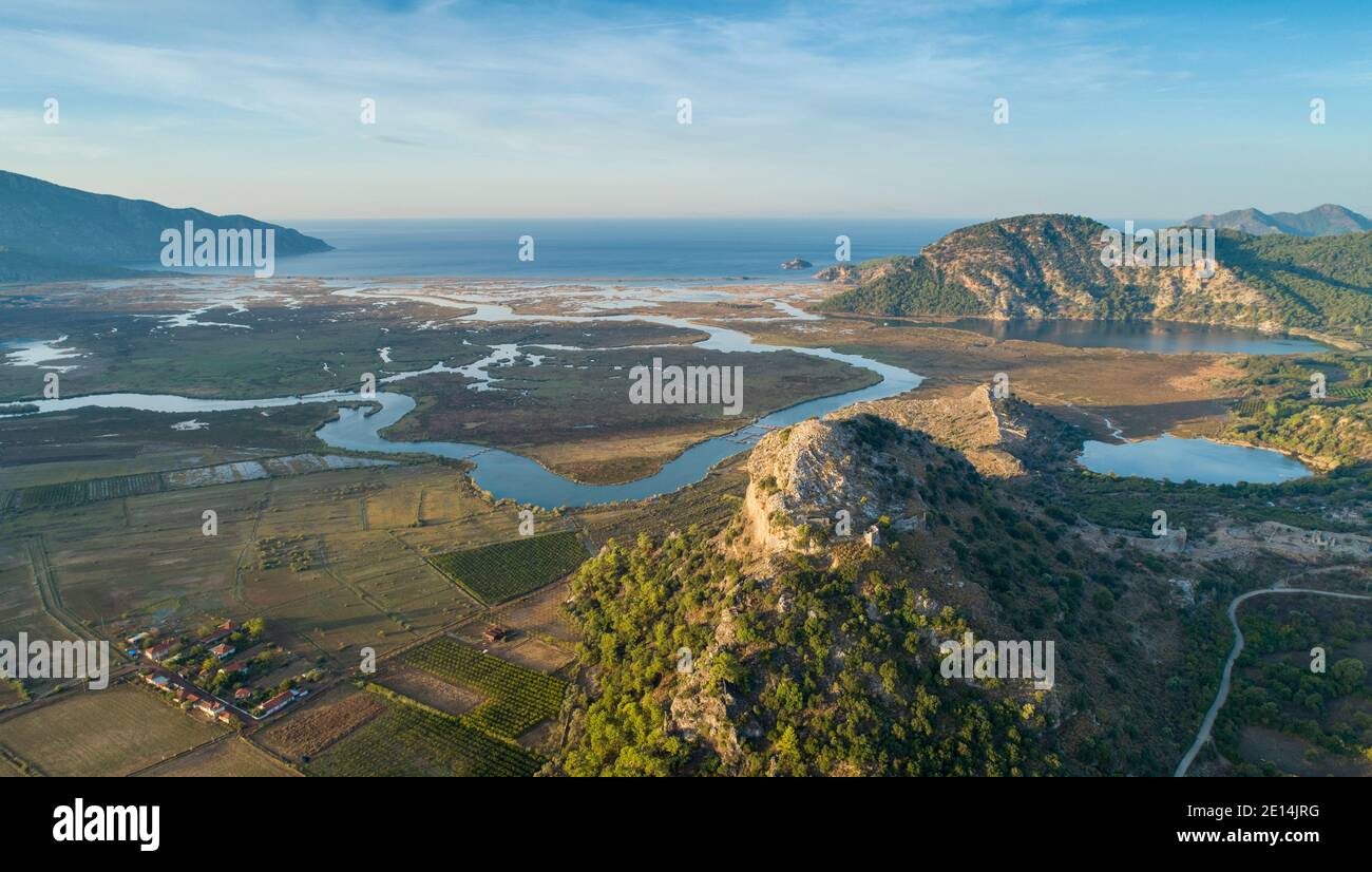 Aerial view over the wetlands near the town of Dalyan, showing ancient Kaunos, Muğla province, Turkey Stock Photo