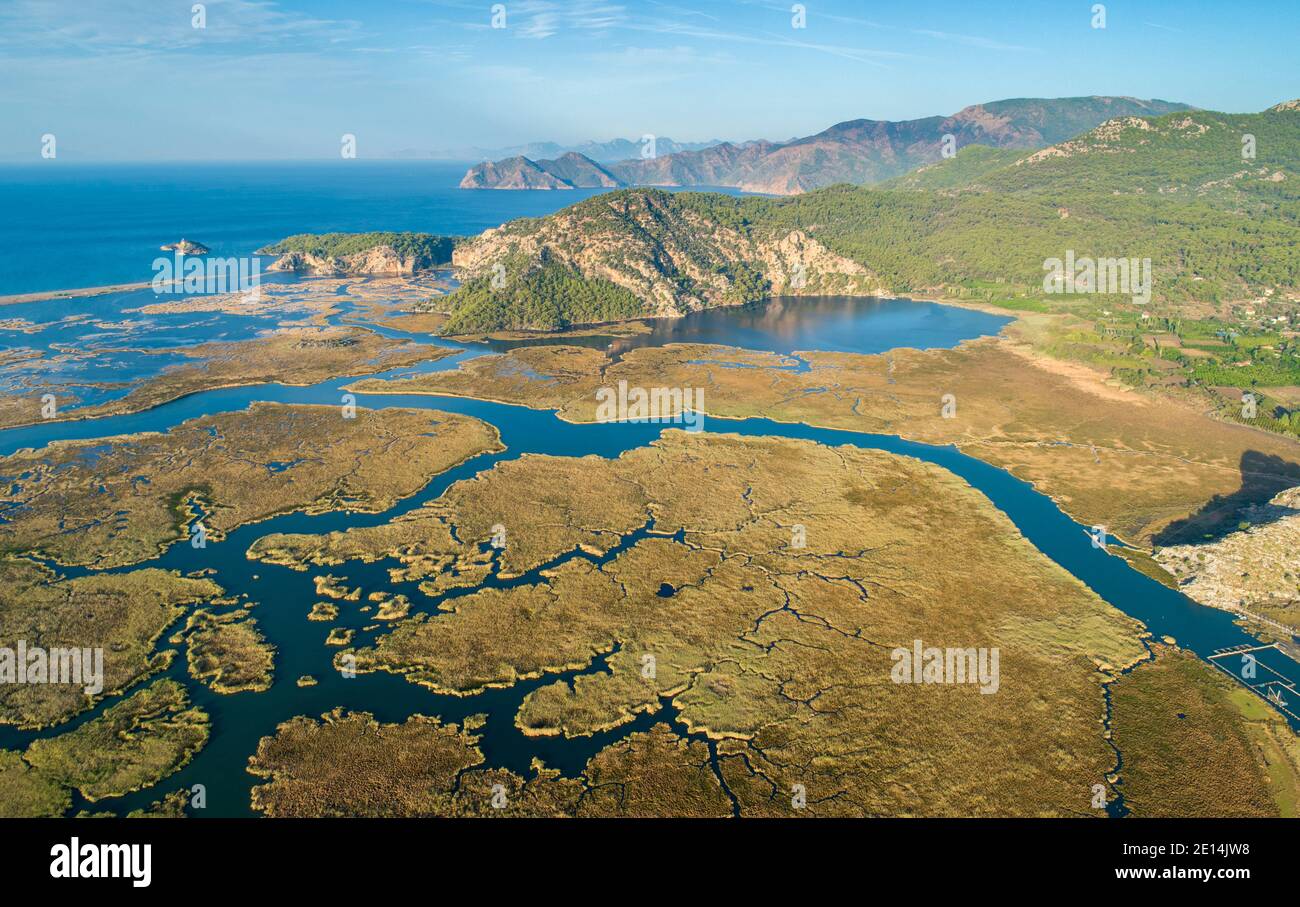 Aerial view over coastal wetlands at sunrise near the town of Dalyan, Muğla, Turkey Stock Photo