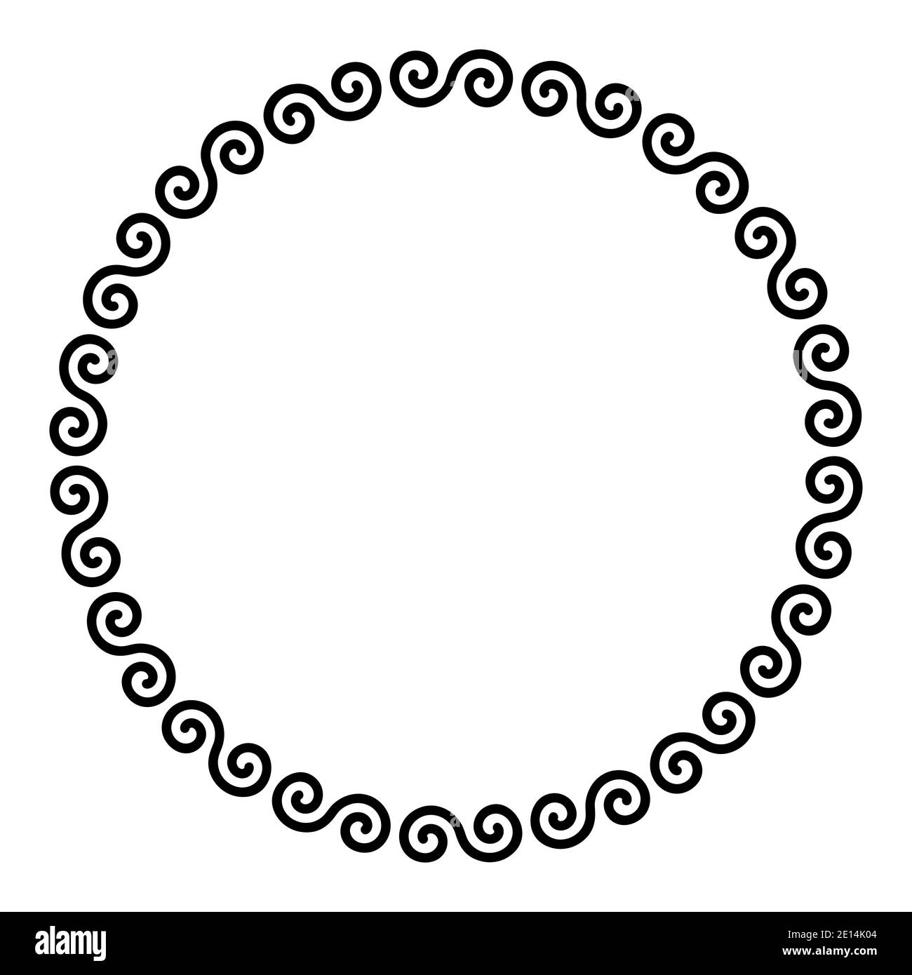 Celtic double spirals forming a circle shaped frame. Decorative border, made of alternate flipped double spirals, rotating around a midpoint. Stock Photo