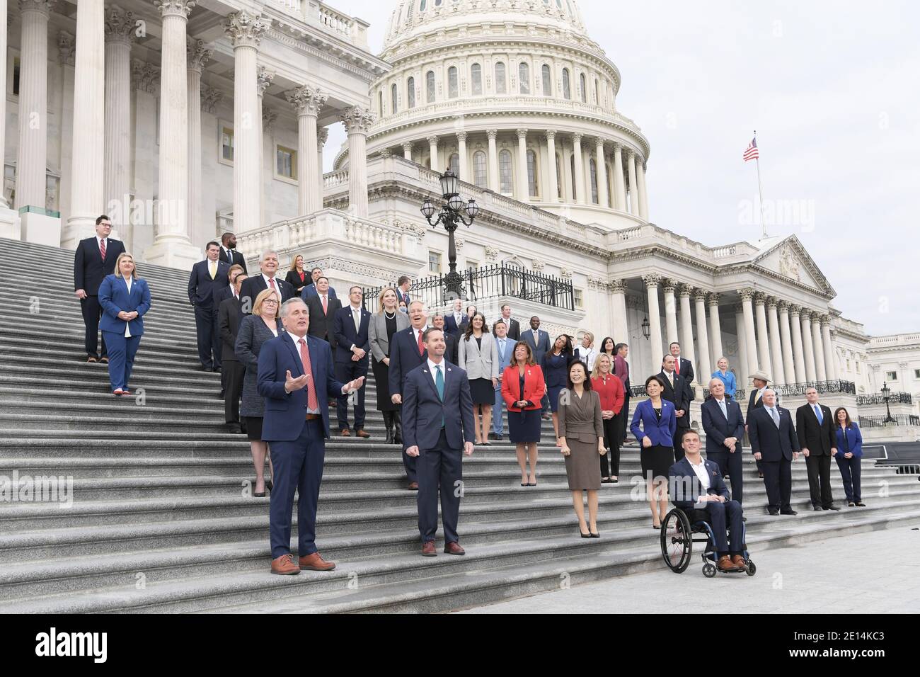 Washington, USA. 04th Jan, 2021. US Minority Leader Kevin McCarthy(R-CA) alongside new GOP members hold a photo opportunity today on January 04, 2020 at House East Front Step /Capitol Hill in Washington DC, USA. (Photo by Lenin Nolly/Sipa USA) Credit: Sipa USA/Alamy Live News Stock Photo