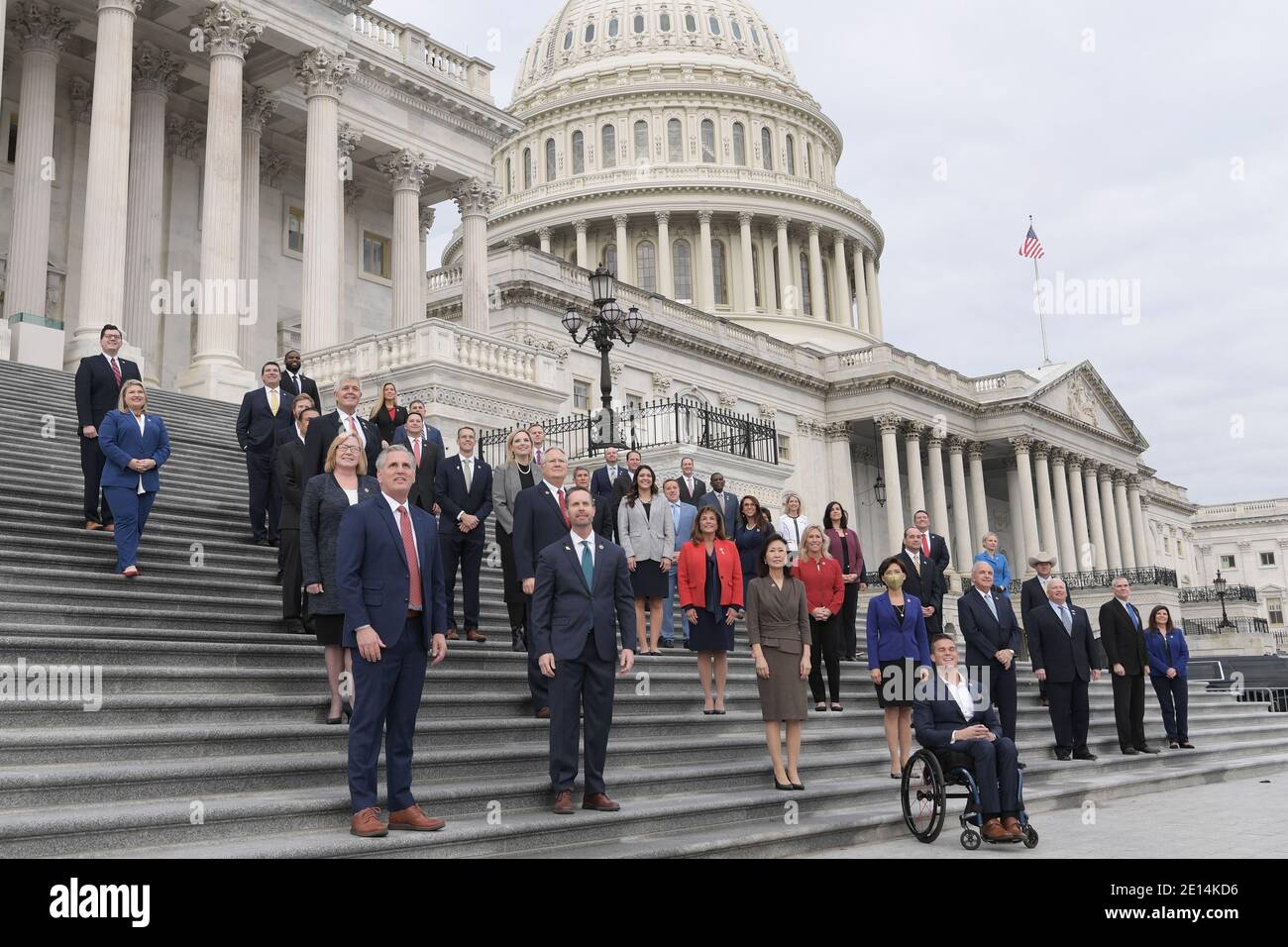 Washington, USA. 04th Jan, 2021. US Minority Leader Kevin McCarthy(R-CA) alongside new GOP members hold a photo opportunity today on January 04, 2020 at House East Front Step /Capitol Hill in Washington DC, USA. (Photo by Lenin Nolly/Sipa USA) Credit: Sipa USA/Alamy Live News Stock Photo