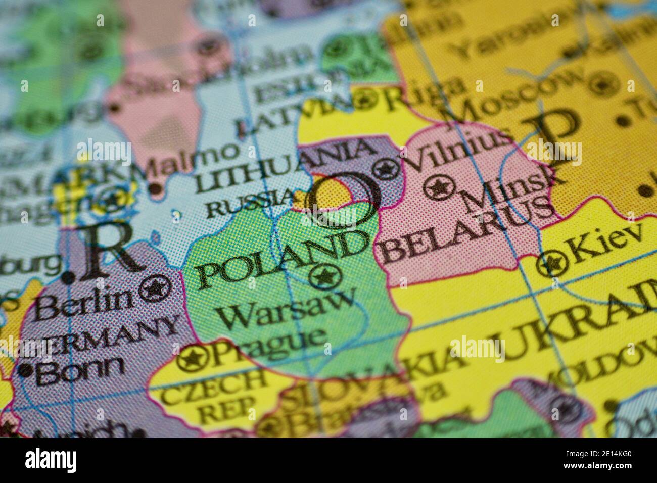 Macro Close up of a World Map Globe With Focus on Germany Poland and Belarus Stock Photo