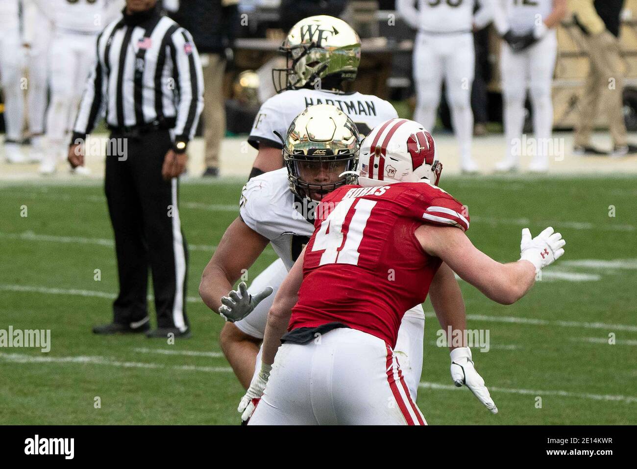 Charlotte, NC, USA. 30th Dec, 2020. Wake Forest OL Zach Tom (50) protects the blindside of QB