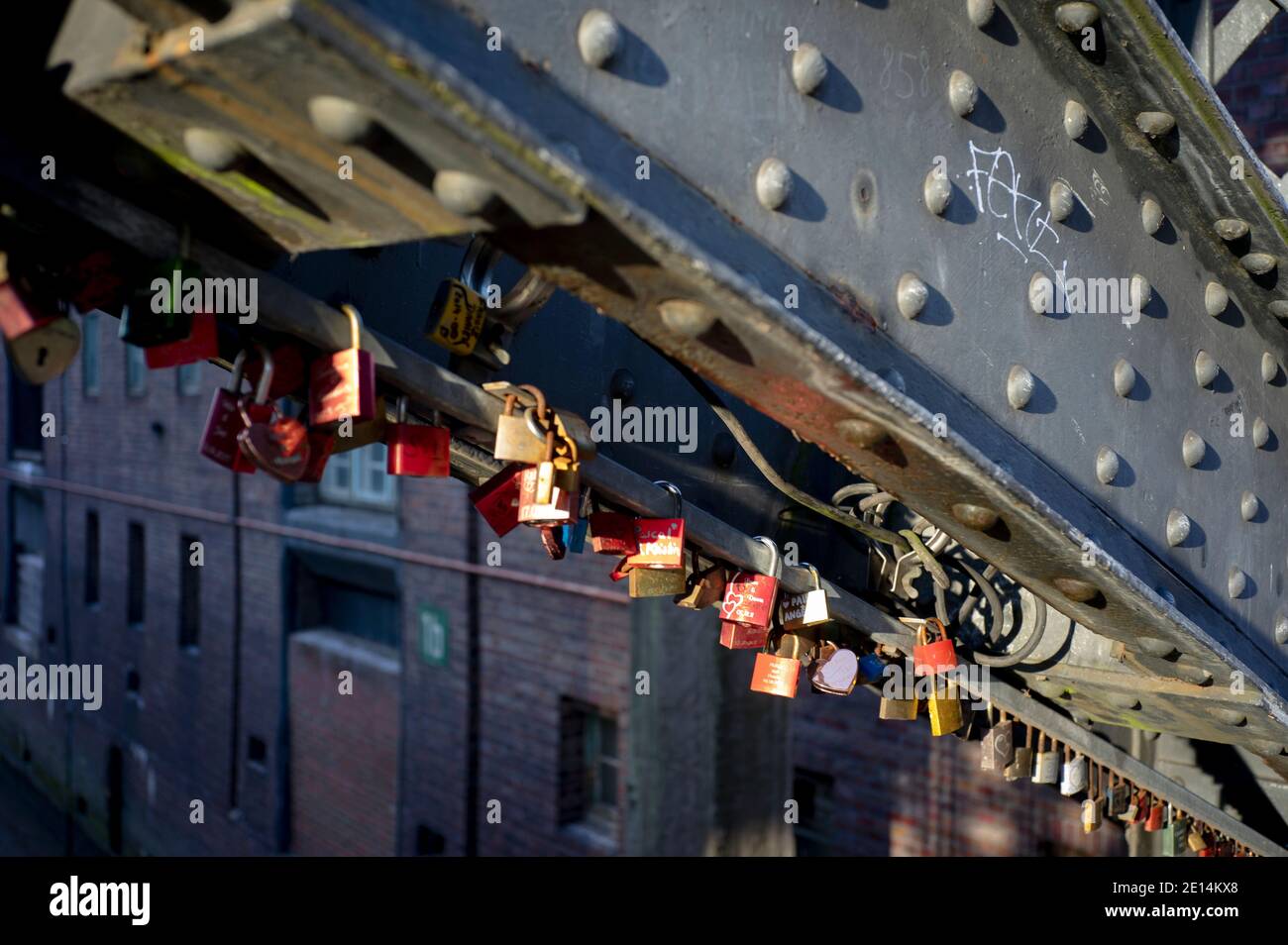 So called Love Locks at Poggenmühle-Brücke near the Wasserschloss in Hamburg's old warehouse district. Stock Photo