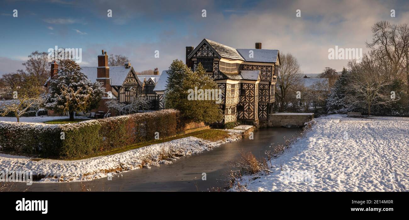 UK, England, Cheshire, Scholar Green, Little Moreton Hall, timber-framed Tudor Farmhouse, in winter, panoramic Stock Photo