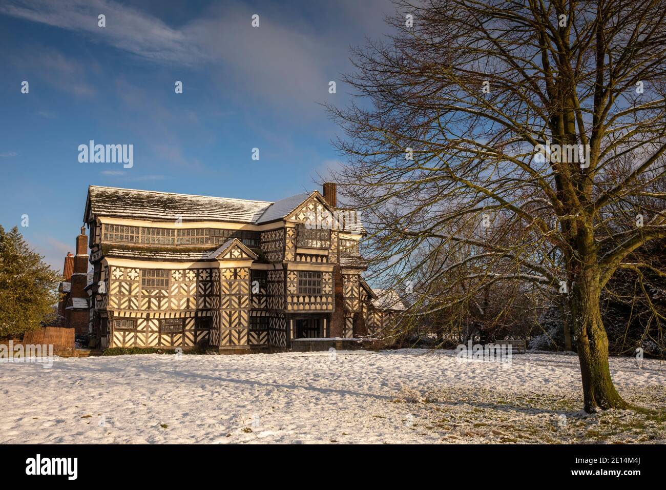 UK, England, Cheshire, Scholar Green, Little Moreton Hall, timber-framed Tudor Farmhouse, in winter Stock Photo