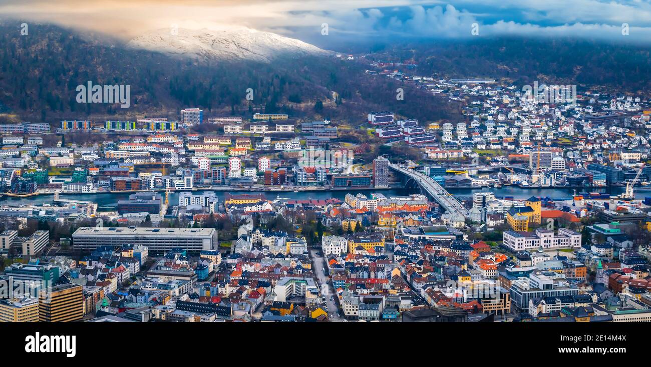 Cityscape of Bergen at sunset, Norway. Stock Photo