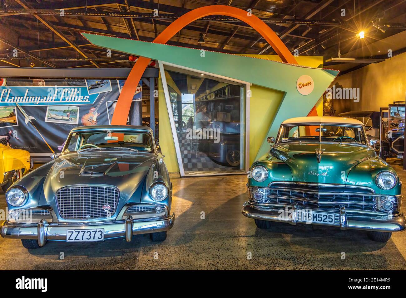 Nelson Classic Car Museum, South Island, New Zealand. A collection of classic and vintage vehicles.1961 Studebaker Hawk and 1950 Chrysler Newport. Stock Photo