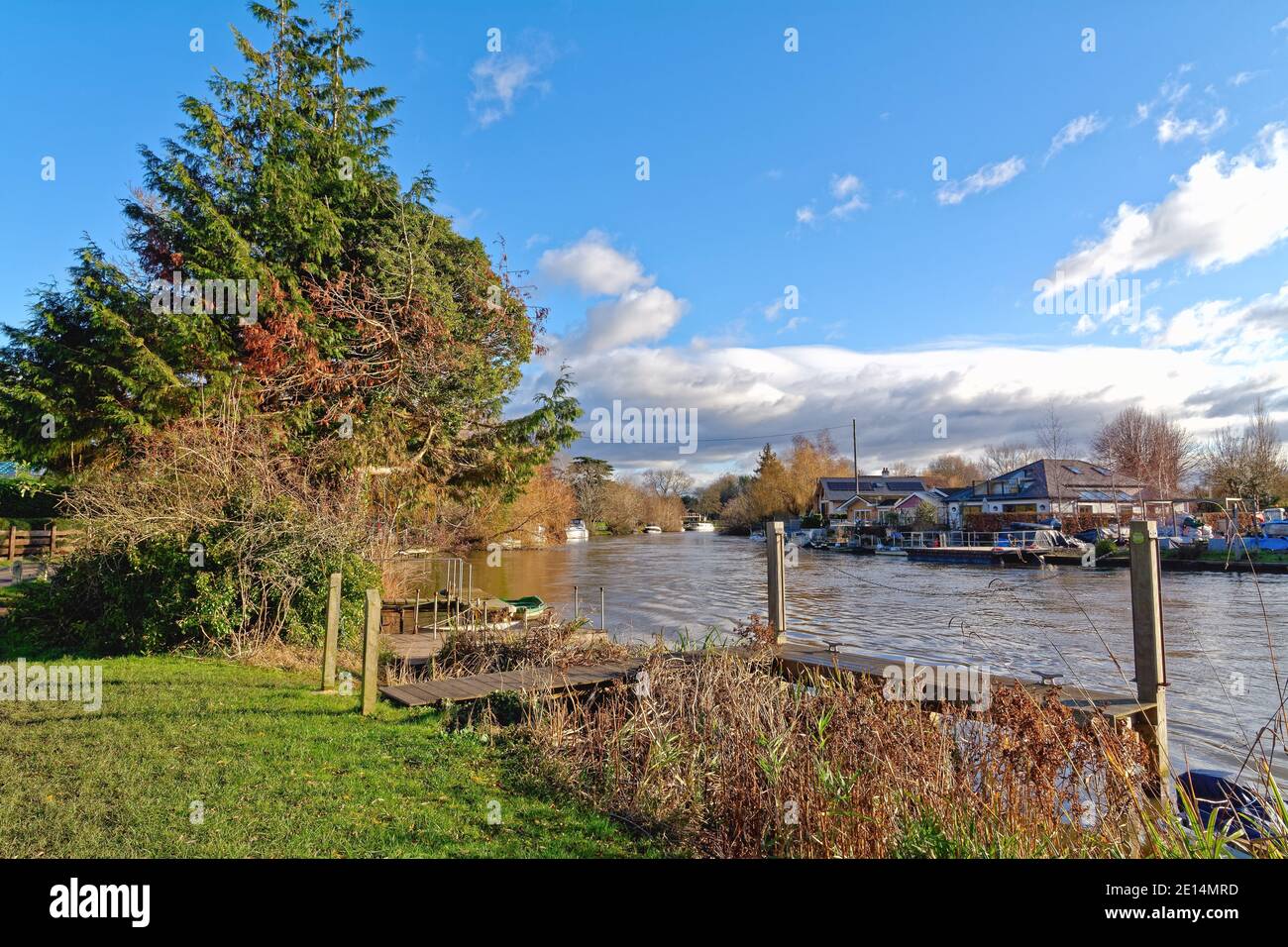 The riverside and River Thames at Shepperton on a bright sunny winters