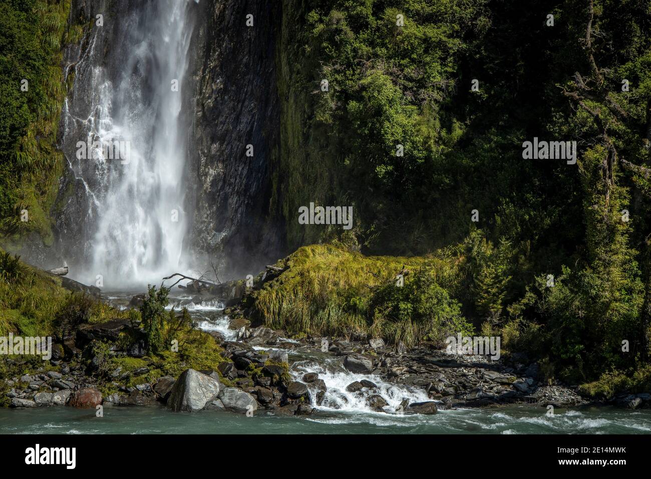 Thunder Creek Falls, Wanaka, New Zealand. Stock Photo