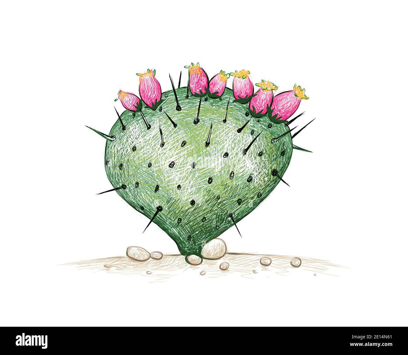 Illustration Hand Drawn Sketch of Opuntia Macrocentra Cactus, Black Spined Pricklypear or Purple Pricklypear. A Succulent Plants with Sharp Thorns for Stock Photo