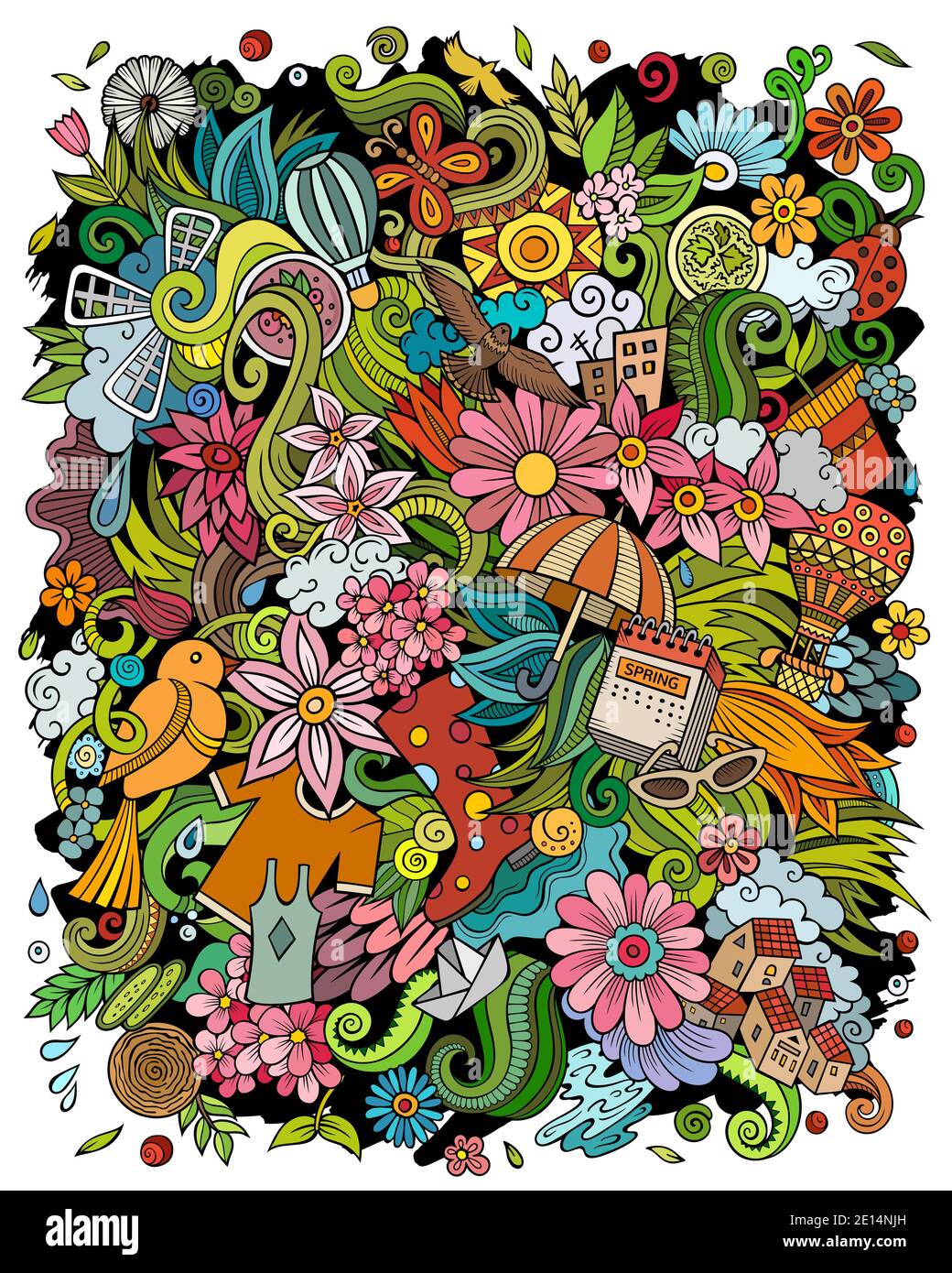 Spring hand drawn raster doodles illustration. Nature poster design ...
