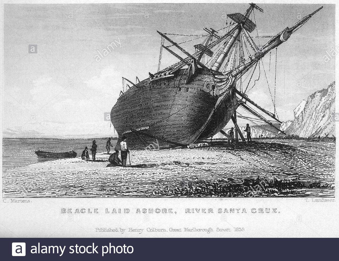 HMS Beagle laid ashore for repairs, River Santa Cruz, vintage illustration from 1838 Stock Photo