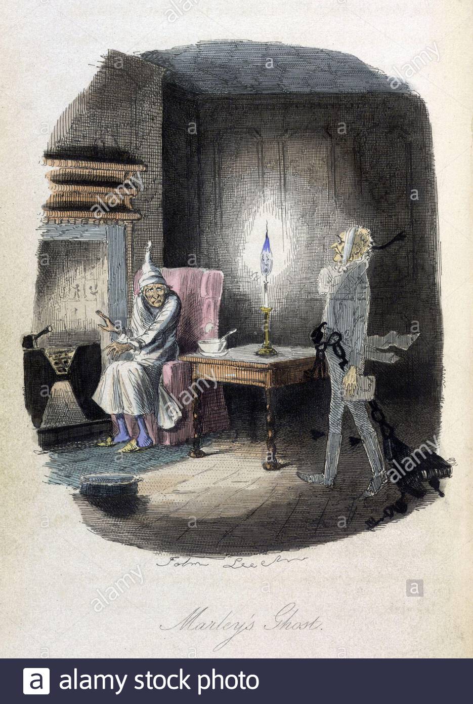 Jacob Marley's Ghost visits Ebenezer Scrooge, from the novella A Christmas Carol by Charles Dickens, vintage colour illustration from 1843 Stock Photo