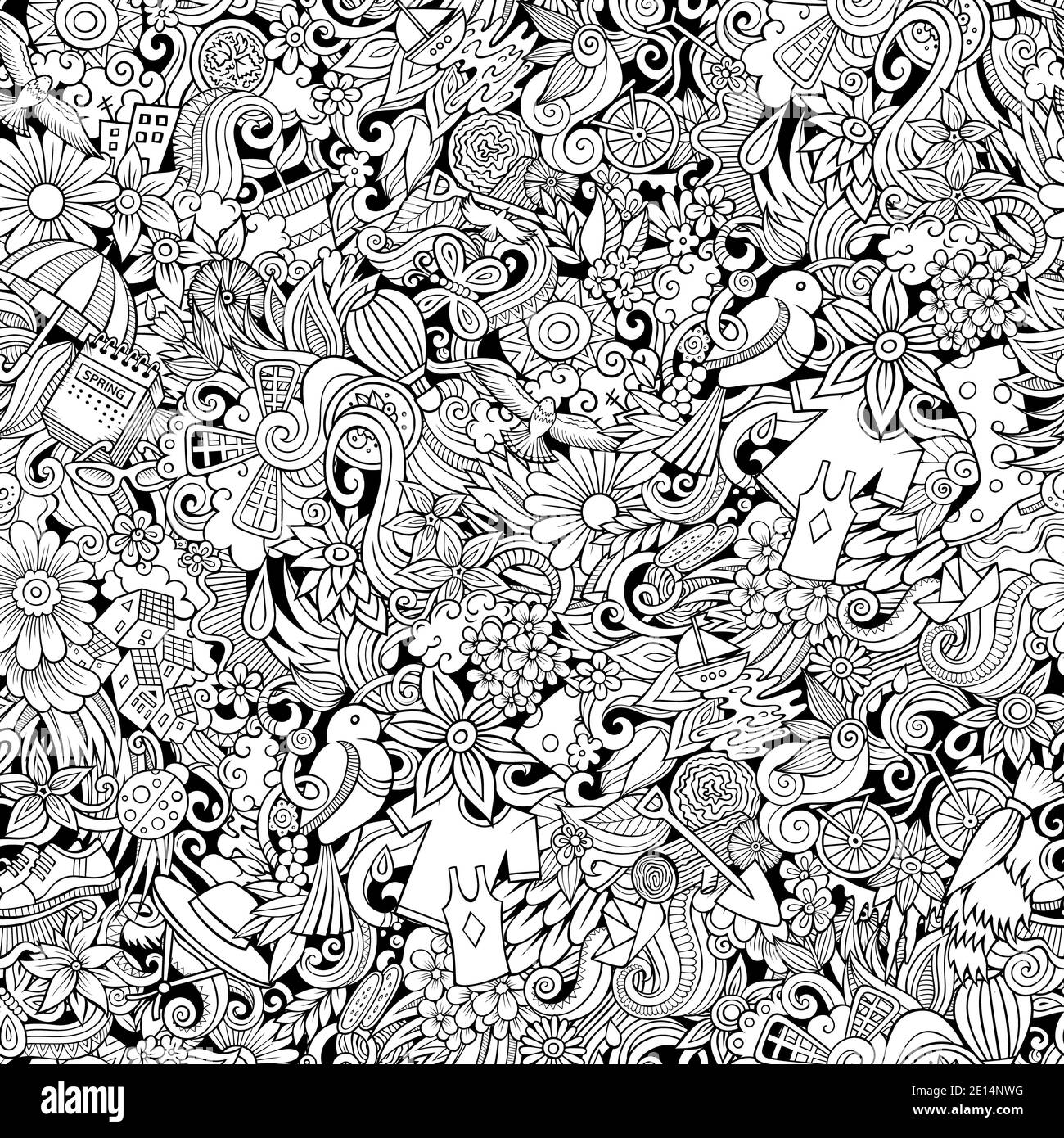 Cartoon cute doodles hand drawn Spring seamless pattern Stock Photo - Alamy