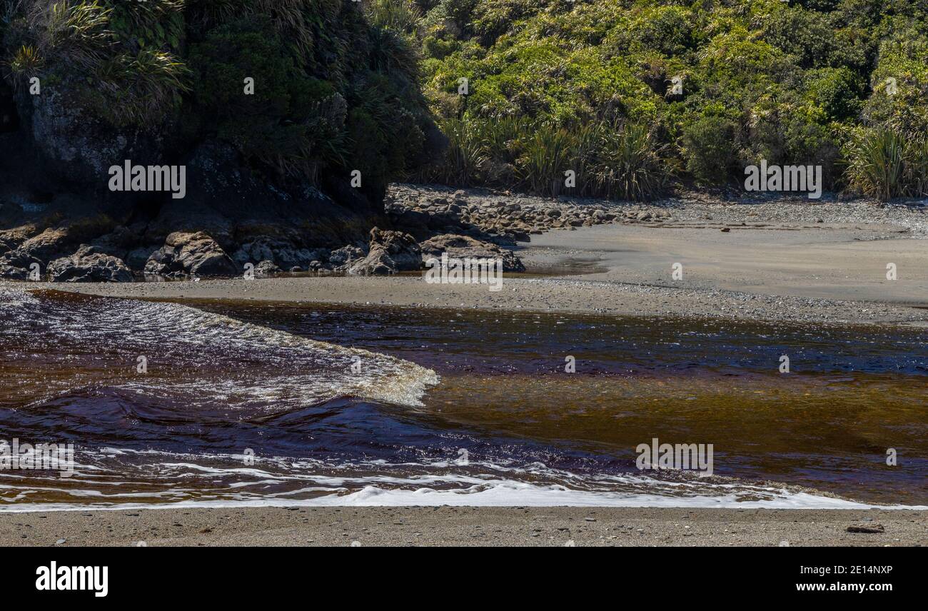 Ship Creek, Tauparikaka Beach, South Island, New Zealand. Tidal waters from the ocean. Incoming waves move up the creek. Stock Photo