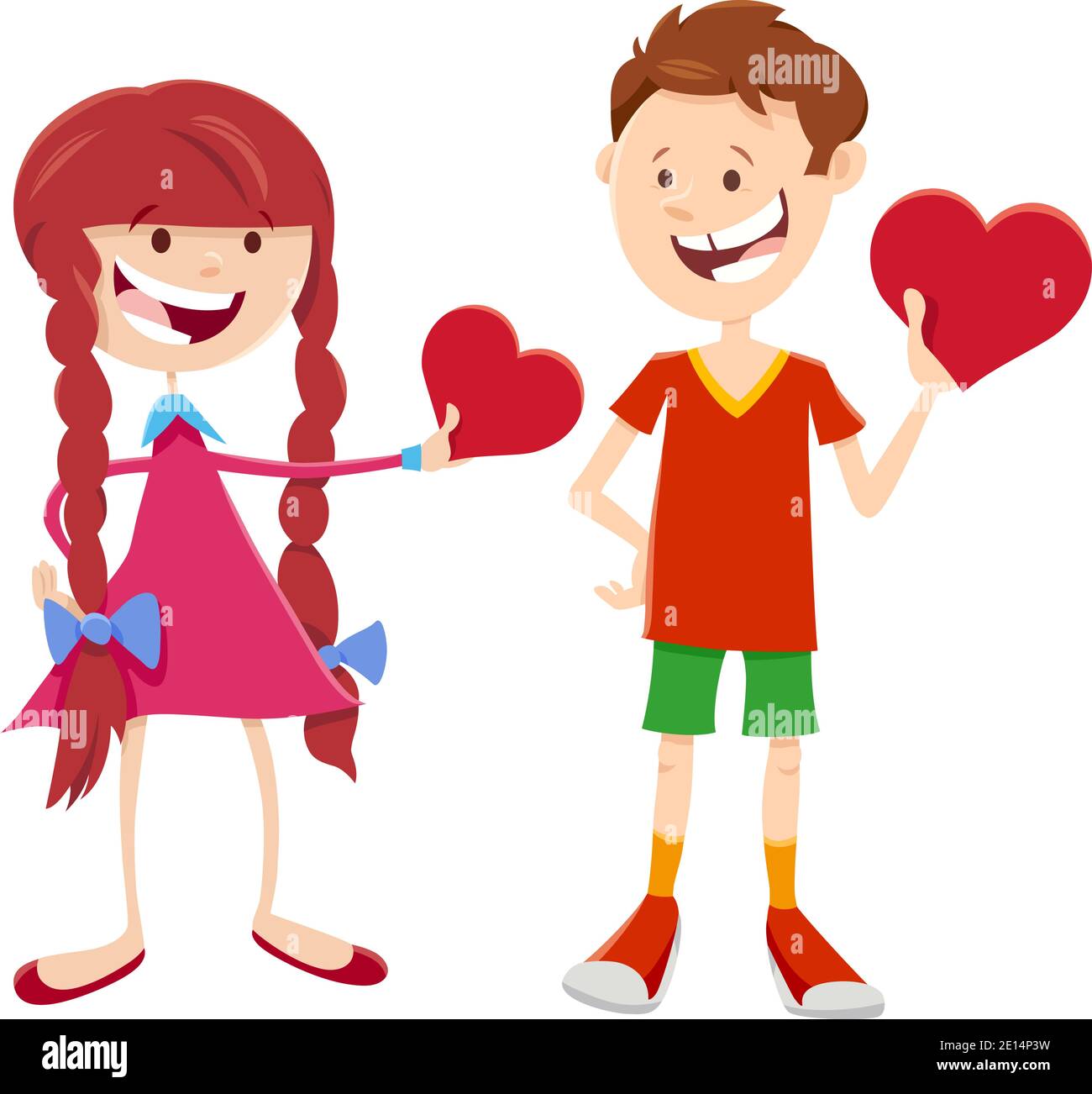 Greeting card cartoon illustration with girl and boy characters with ...