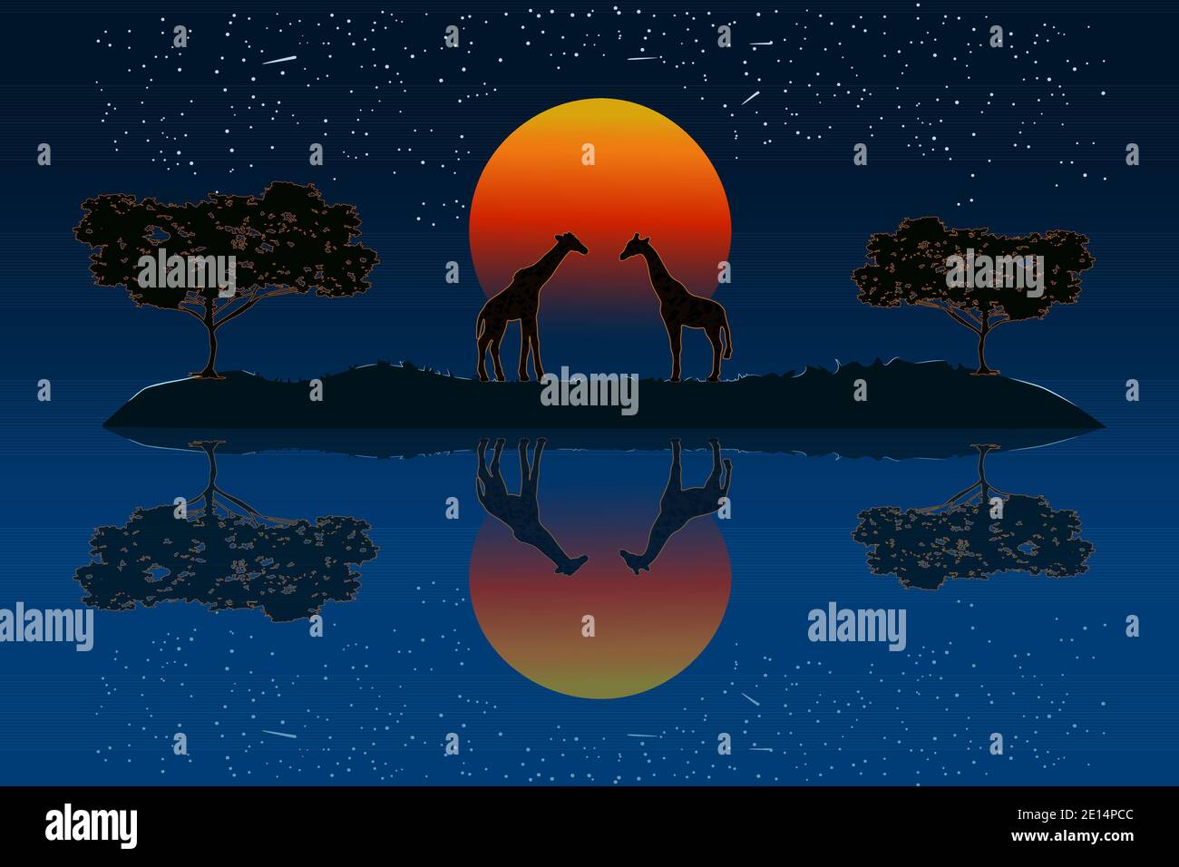 Couple of giraffes in the African savanna at sunset. Two giraffe silhouette near the river with reflection. Nature of Africa. Africa Day. Vector Stock Vector